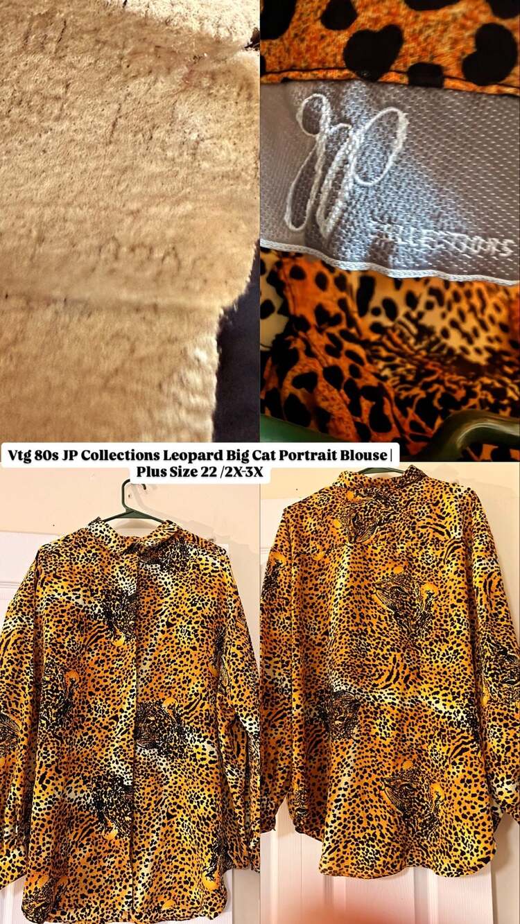 Vintage 80s JP Collections Leopard Big Cat Portrait Blouse Plus Size 22